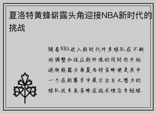 夏洛特黄蜂崭露头角迎接NBA新时代的挑战